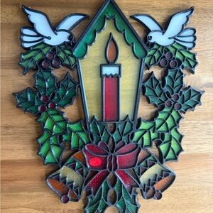 Festive Holiday Candle Suncatcher with Holly and Doves